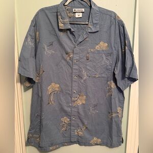 Columbia Blue Tropical Swordfish and Floral Patterned Casual Shirt Sz XXL